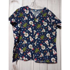 Scrub Wear Scrub Top Ladies Extra Large Navy‎ Christmas Tree Snowman
